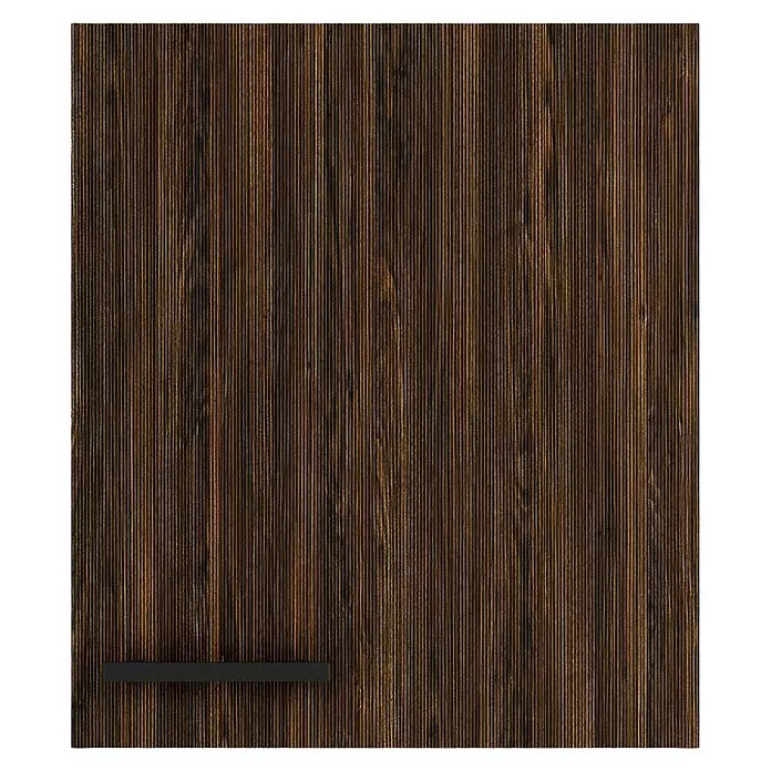 Optifit OPTIkult Hängeschrank Rimini409 - 34,6 x 50 x 57,6 cm, Rillendekor Nussbaum - Dunkelbraune Holzplatte mit vertikaler Maserung und minimalistischem schwarzen Griff.