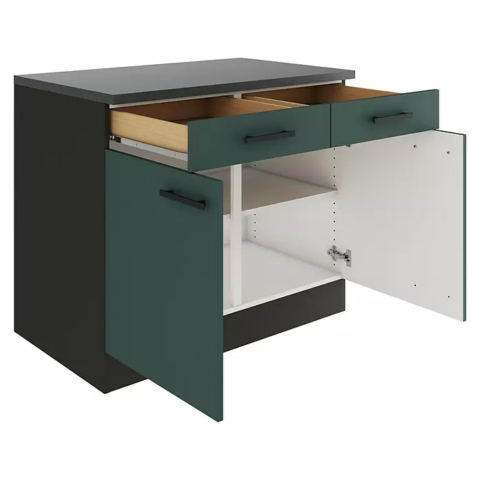 Optifit Verona405 Unterschrank - 60 x 100 x 84,8 cm, Steingrün, Mit 2 Schubkästen und 2 Türen - Dunkelgrüner Küchenunterschrank mit grauer Arbeitsplatte, offener Schublade mit Holzinterieur und offener Tür mit weißen Regalen.