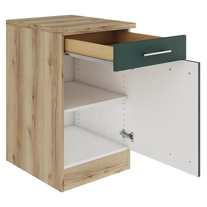 Optifit Savona405 Unterschrank - 60 x 50 x 84,8 cm, Steingrün, Mit 1 Schubkasten und 1 Tür - Helles Holzschränkchen mit offener dunkelgrüner Schublade und offener weißer Tür, die zwei Fächer zeigt.