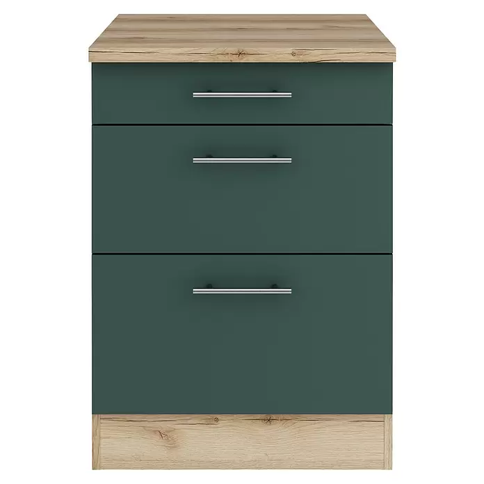 Optifit Savona405 Unterschrank - 60 x 60 x 84,8 cm, Steingrün, M 1 Schubkasten und 2 Auszügen - Dunkelgrüner Dreischubladenschrank mit Holzplatte und -sockel, versehen mit silbernen Griffen.