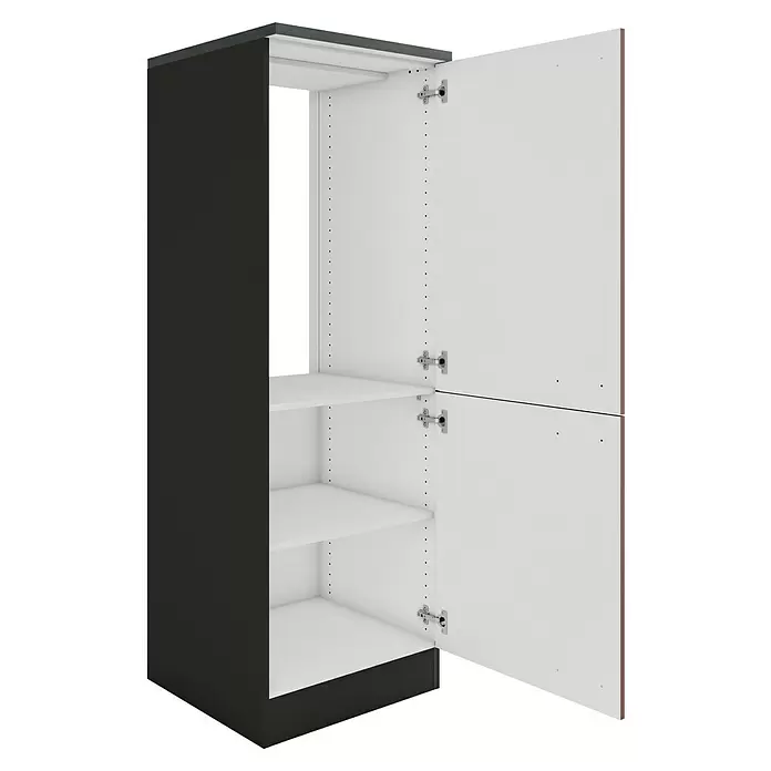 Optifit Nizza407 Küchen-Midischrank - 60 x 60 x 174,4 cm, Rostrot, Mit 2 Türen und Arbeitsplatte für Kühlschrank 88 cm - Schwarzer und weißer offener Hochschrank mit mehreren verstellbaren Einlegeböden und zwei Türen.