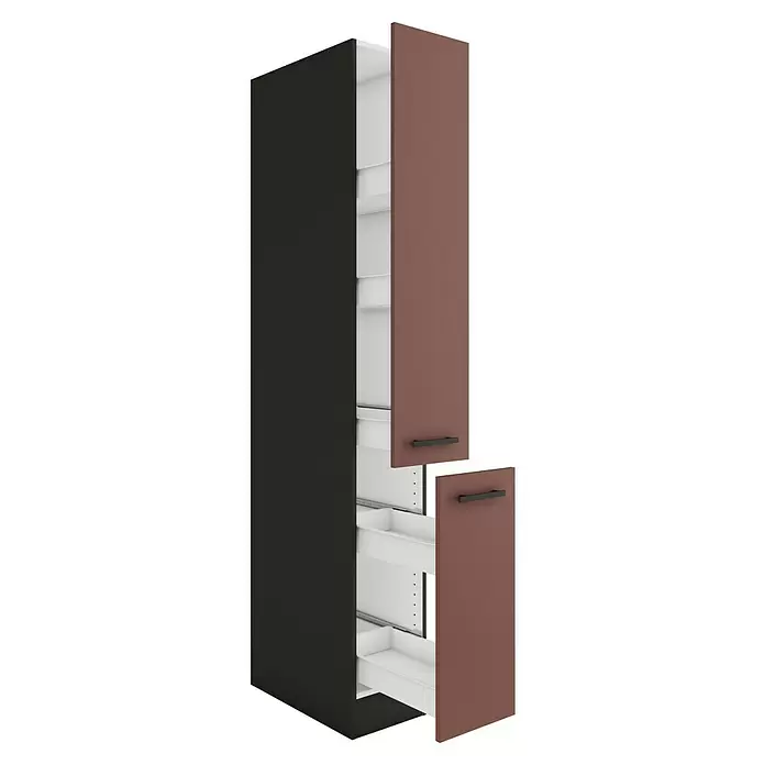 Optifit Nizza407 Apotheker-Hochschrank - 60 x 30 x 206,8 cm, Rostrot - Hoher Küchenschrank mit schwarzer Seite, braun-roten Fronten und weißen Auszugsschränken. Eine Tür und ein Auszug sind geöffnet.