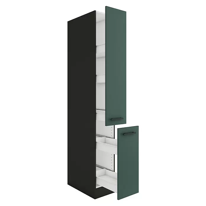 Optifit Verona405 Apotheker-Hochschrank - 60 x 30 x 206,8 cm, Steingrün - Hoher, dunkelgrauer Apothekerauszug mit dunkelgrünen Fronten und weißem Innenraum.