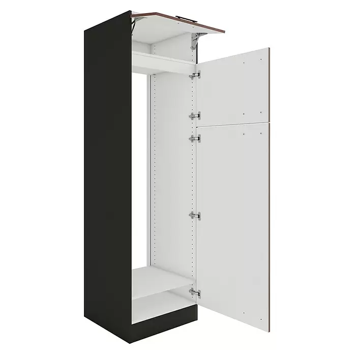 Optifit Nizza407 Geräteumbauschrank - 60 x 60 x 206,8 cm, Rostrot, M 1 Klappe und 2 Türen mit Nische für Kühlschrank 144 cm - Offener dunkelgrauer Schrank mit weißem Innenraum, nach oben öffnender Tür und Scharniertüren unten, verstellbare Böden.