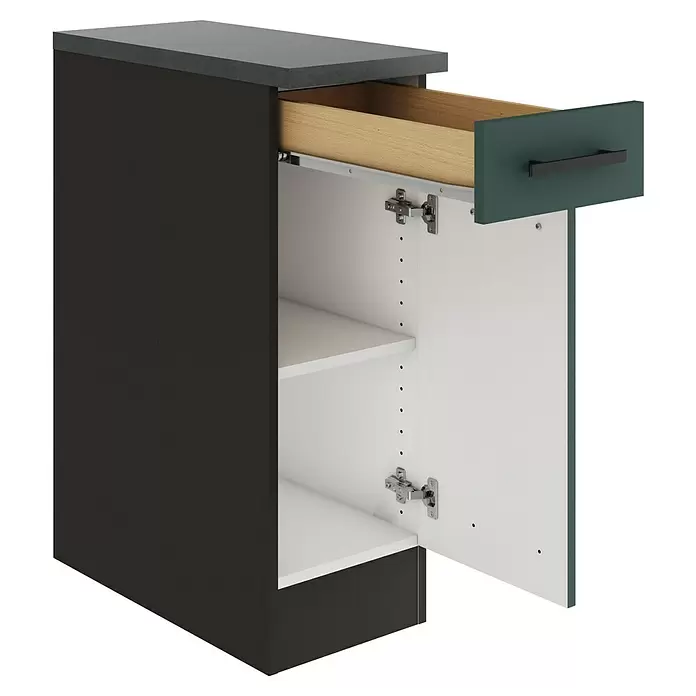 Optifit Verona405 Unterschrank - 60 x 30 x 84,8 cm, Steingrün, Mit 1 Schubkasten und 1 Tür - Dunkelgrauer Küchenunterschrank mit grauer Arbeitsplatte, offener dunkelgrüner Schublade mit Holzinterieur und offener Tür mit weißen Regalen.