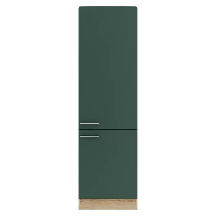 Optifit Savona405 Geräteumbauschrank - 60 x 60 x 206,8 cm, Steingrün, Mit Tür für Kühlschrank - Dunkelgrüne Schrankfront mit zwei silbernen Griffen und hellem Holzdekor.
