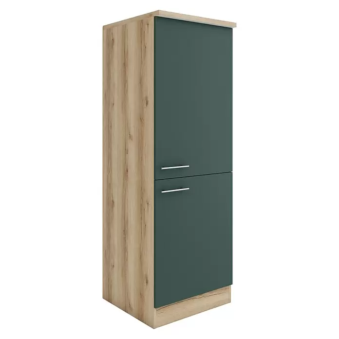 Optifit Savona405 Küchen-Midischrank - 60 x 60 x 174,4 cm, Steingrün, Mit 2 Türen und Arbeitsplatte für Kühlschrank 88 cm - Hoher Schrank mit heller Holzoptik und zwei dunkelgrünen Türen mit silbernen Griffen.