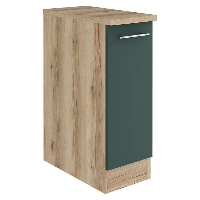 Optifit Savona405 Unterschrank - 60 x 30 x 84,8 cm, Steingrün, Mit 1 Auszug und 2 Metallschubkästen - Heller Hochschrank in Eichenoptik mit dunkelgrüner Tür und silbernem Griff.