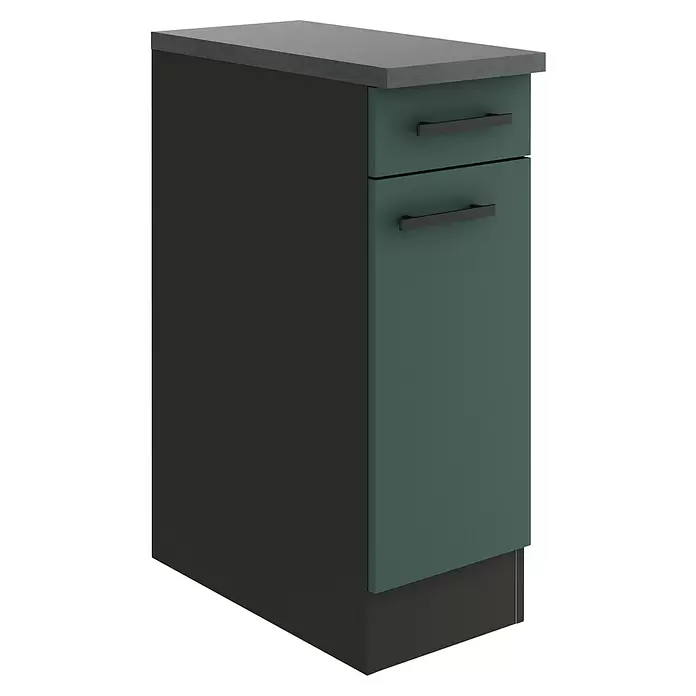 Optifit Verona405 Unterschrank - 60 x 30 x 84,8 cm, Steingrün, Mit 1 Schubkasten und 1 Tür - Schmaler Küchenunterschrank mit dunkelgrauer Arbeitsplatte, dunkelgrauen Seiten und zwei dunkelblaugrünen Schubladenfronten mit schwarzen Griffen.