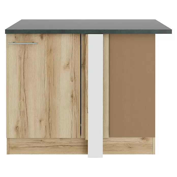 Optifit Livorno290 Eck-Unterschrank für Eck Typ 2 - 60 x 110 x 84,8 cm, Wildeiche Nachbildung - Küchenunterschrank aus hellem Holz mit dunkelgrauer Arbeitsplatte und silbernem Griff, teilweise geöffnet mit weißem Paneel und braunem Innenraum.