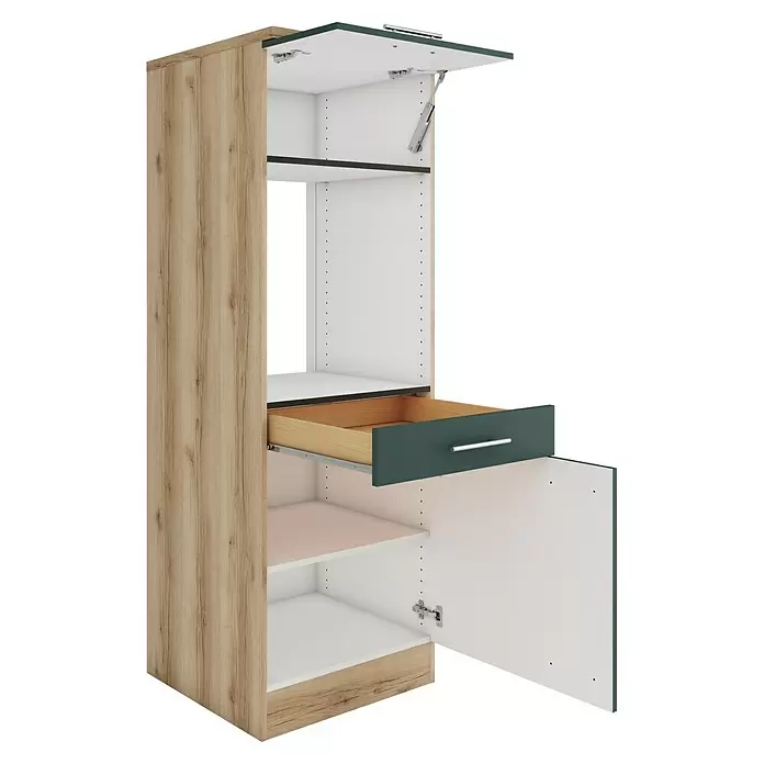 Optifit Savona405 Küchen-Midischrank - 60 x 60 x 174,4 cm, Steingrün, Für Backofen und Kühlschrank 88 cm mit 1 Tür und Arbeitsplatte - Hoher Schrank aus hellem Holz und Weiß mit geöffneter dunkelgrüner Schublade und Klappe, die Fächer und Stauraum zeigen.