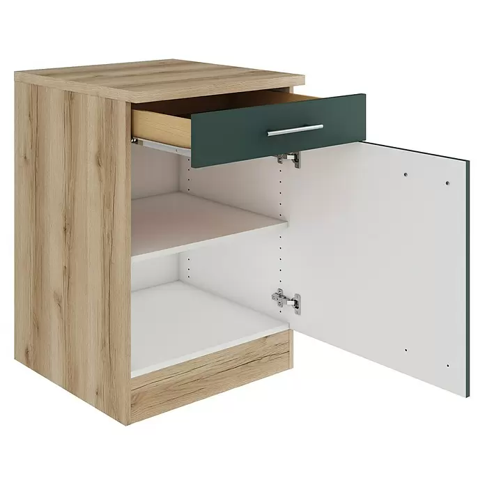Optifit Savona405 Unterschrank - 60 x 60 x 84,8 cm, Steingrün, Mit 1 Schubkasten und 1 Tür - Heller Holzschrank mit dunkelgrüner Schublade und offener weißer Tür, die Regale zeigt.