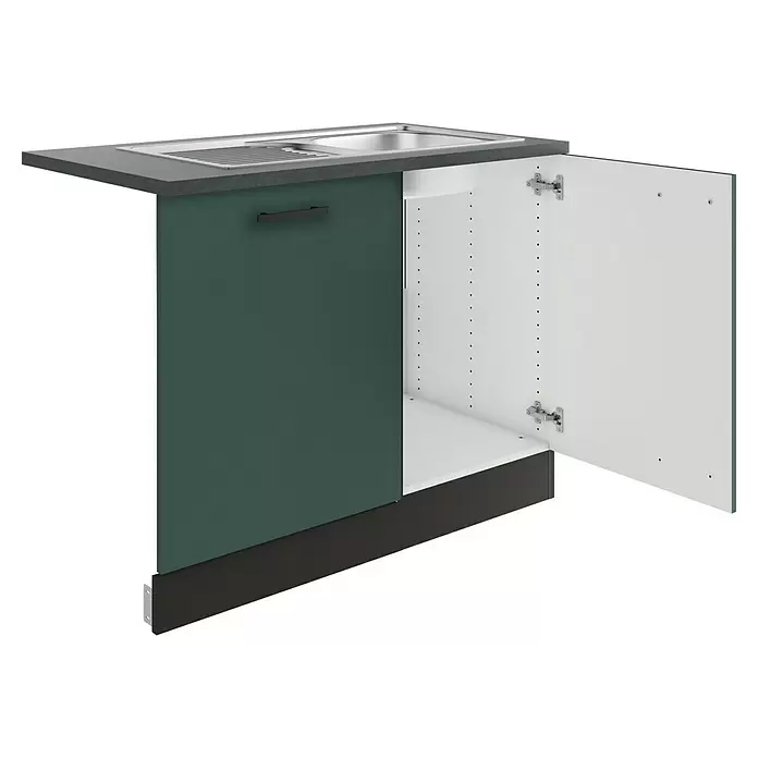 Optifit Verona405 Spülenunterschrank - 60 x 110 x 84,8 cm, Steingrün, Mit Blende 60 cm für vollintegrierten Geschirrspüler - Dunkelgrüner Küchenspülenschrank mit dunkelgrauer Arbeitsplatte, Edelstahlspüle und offener Tür, die den weißen Innenraum zeigt.