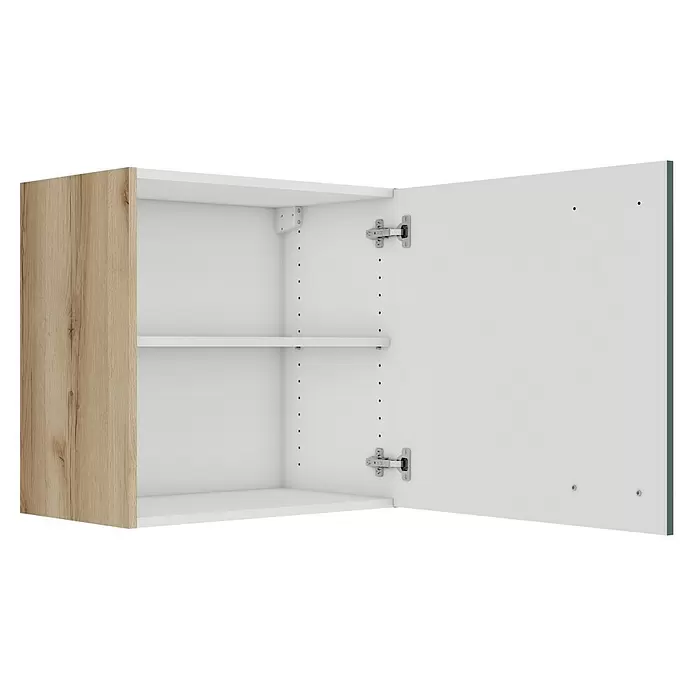 Optifit Savona405 Hängeschrank - 34,6 x 60 x 57,6 cm, Steingrün - Offener weißer Schrank mit heller Holztür, zeigt ein verstellbares Regal und Scharniere.