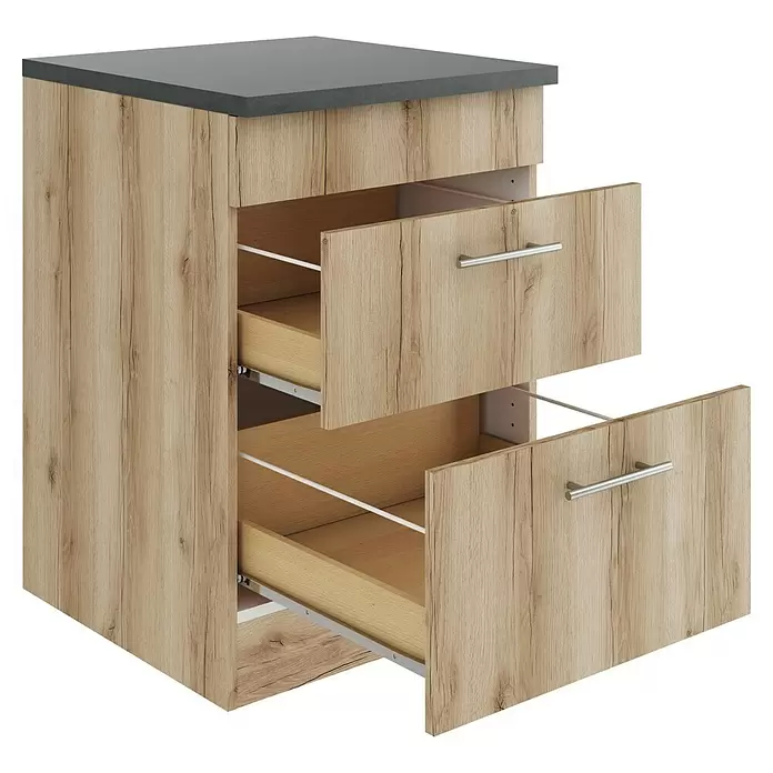 Optifit Livorno290 Unterschrank - 60 x 60 x 84,8 cm, Wildeiche Nachbildung, Mit 1 Blende und 2 Auszügen - Heller Holz-Zweischubladenschrank mit dunkelgrauer Platte und silbernen Griffen, beide Schubladen teilweise geöffnet.