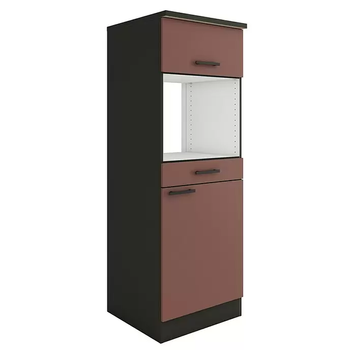 Optifit Nizza407 Küchen-Midischrank - 60 x 60 x 174,4 cm, Rostrot, Für Mikrowelle mit 1 Klappe, 1 Schubkasten und 1 Tür - Hoher Küchenschrank mit dunklem Korpus und rotbraunen Fronten, offenem Fach für Gerät und schwarzen Griffen.
