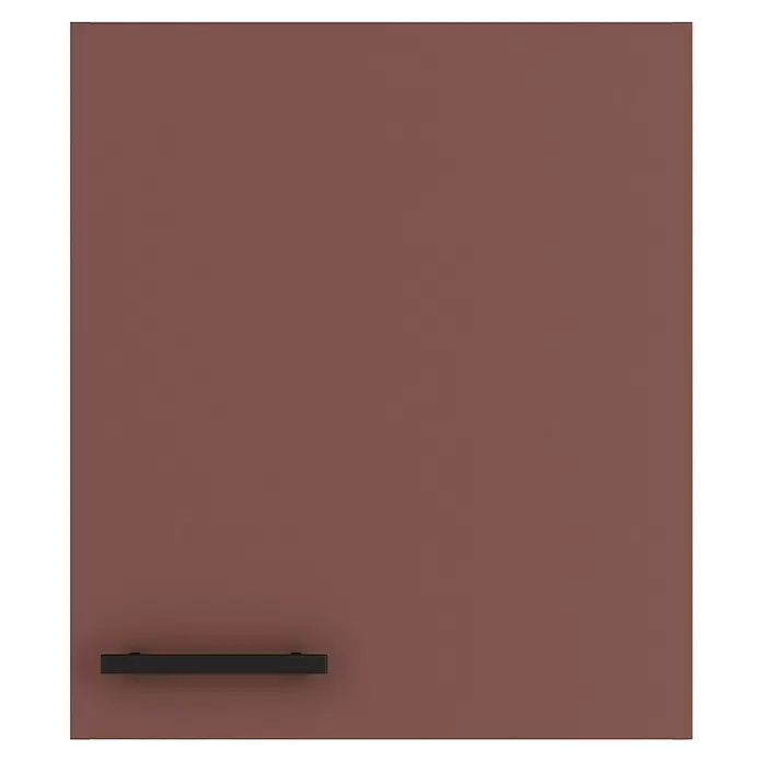 Optifit Nizza407 Hängeschrank - 34,6 x 50 x 57,6 cm, Rostrot - Schwarzes minimalistisches Regal an einer rotbraunen Oberfläche montiert.