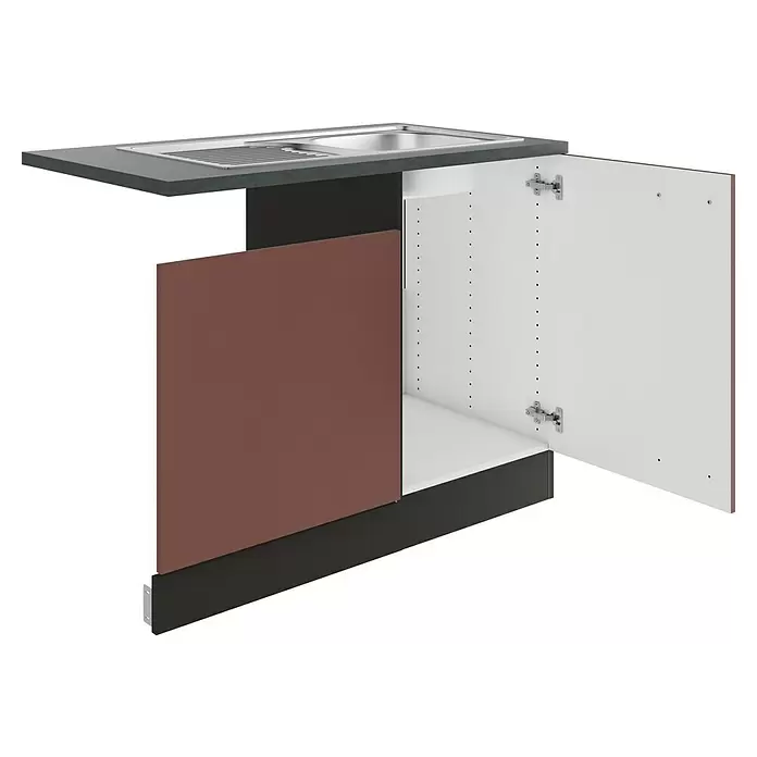 Optifit Nizza407 Spülenunterschrank - 60 x 110 x 84,8 cm, Rostrot, Mit Blende 60 cm für teilintegrierten Geschirrspüler - Küchenspülenschrank mit grauer Arbeitsplatte, Edelstahlspüle, brauner Front und offenem weißen Innenraum.