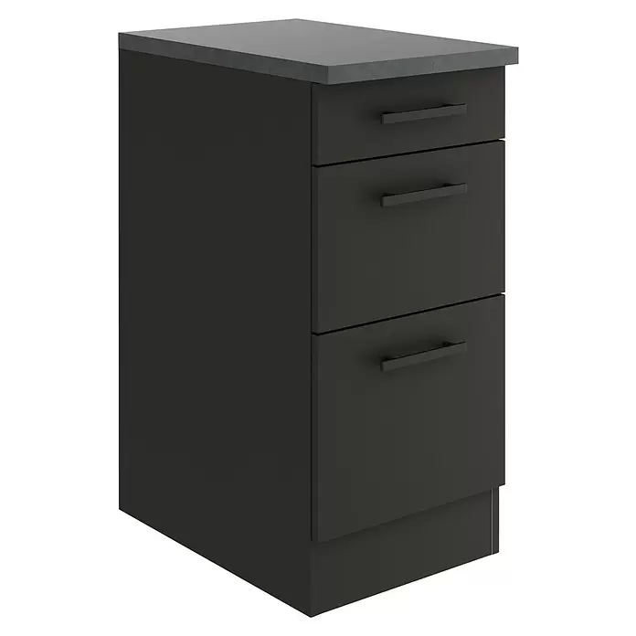 Optifit Madrid420 Unterschrank - 60 x 40 x 84,8 cm, Anthrazit Matt, Mit 1 Schubkasten und 2 Auszügen - Dunkelgrauer Dreischubladenschrank mit schwarzen Griffen und grauer Arbeitsplatte.