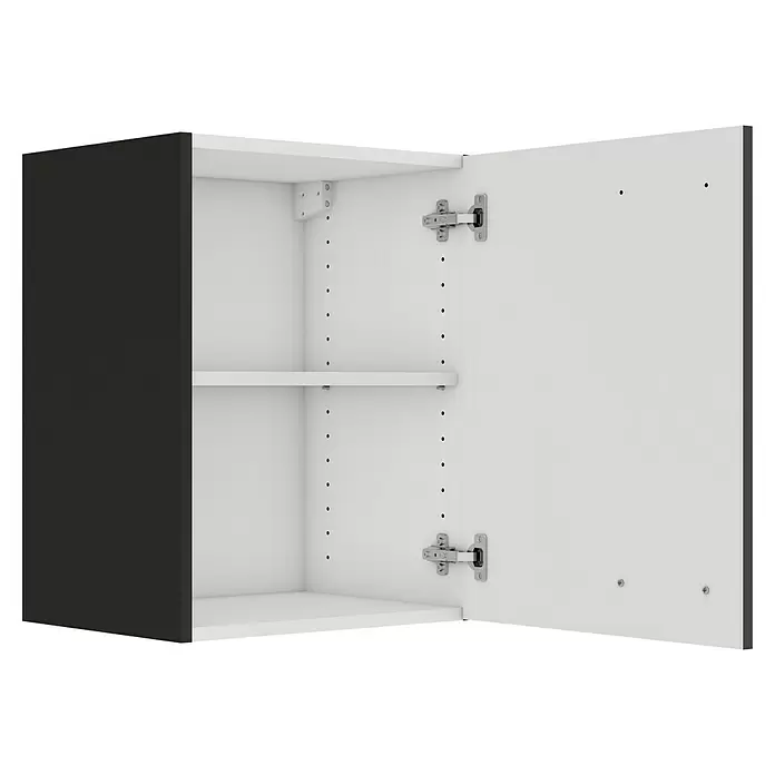 Optifit OPTIkult Hängeschrank Rimini409 - 34,6 x 45 x 57,6 cm, Rillendekor Nussbaum - Offener weißer Schrank mit schwarzer Seitenwand, verstellbarem Regal und sichtbaren Scharnieren.