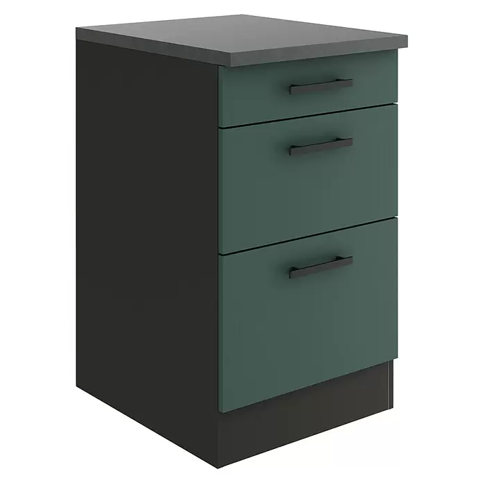 Optifit Verona405 Unterschrank - 60 x 50 x 84,8 cm, Steingrün, Mit 1 Schubkasten und 2 Auszügen - Petrolfarbener Unterschrank mit drei Schubladen, dunkelgrauer Seitenwand und Arbeitsplatte, schwarzen Griffen.
