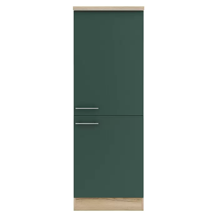 Optifit Savona405 Küchen-Midischrank - 60 x 60 x 174,4 cm, Steingrün, Mit 2 Türen und Arbeitsplatte für Kühlschrank 88 cm - Dunkelgrüner Schrank mit heller Holzoptik-Verkleidung oben und unten und zwei silbernen Griffen.