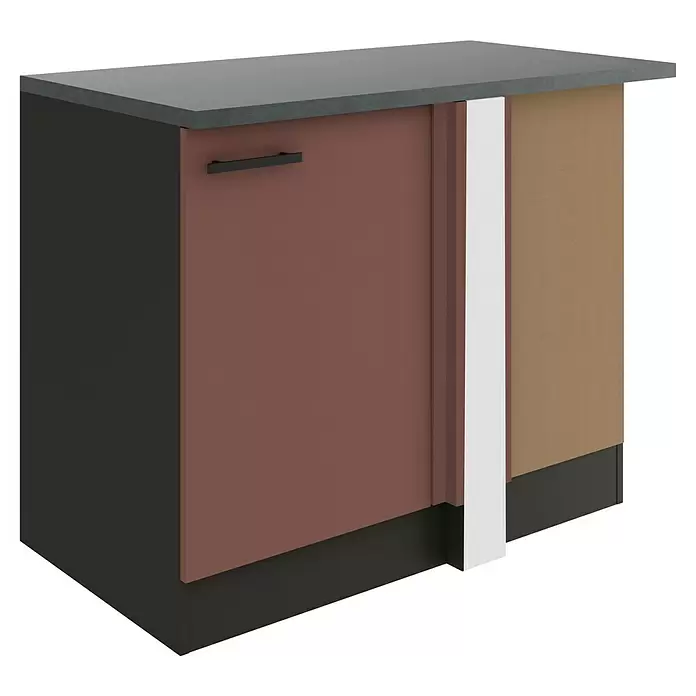 Optifit Nizza407 Eck-Unterschrank - 60 x 110 x 84,8 cm, Rostrot - Moderner brauner Unterschrank mit dunkelgrauer Arbeitsplatte und schwarzem Griff.