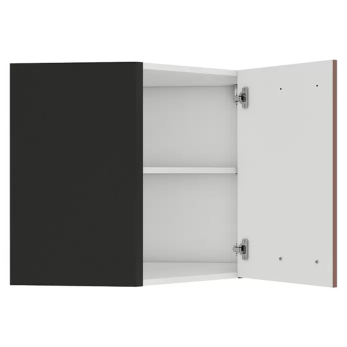 Optifit Nizza407 Küchen-Eck-Hängeschrank - 34,6 x 60 x 57,6 cm, Rostrot - Dunkelgrauer und weißer Wandschrank mit offener Tür, der einen weißen Innenraum und ein Regal zeigt.
