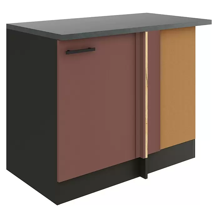 Optifit Nizza407 Unterschrank für Eck Typ 1 - 60 x 110 x 84,8 cm, Rostrot - Schnittansicht eines Küchenunterschranks mit dunkelgrauer Arbeitsplatte, rotbrauner Tür, schwarzem Griff und freigelegter Spanplattenkonstruktion.