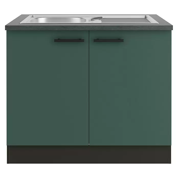 Optifit Verona405 Spülenunterschrank - 60 x 100 x 84,8 cm, Steingrün - Dunkelgrüner Spülenunterschrank mit zwei Türen, schwarzen Griffen, dunkelgrauer Arbeitsplatte und einer silbernen Spüle mit Abtropffläche.