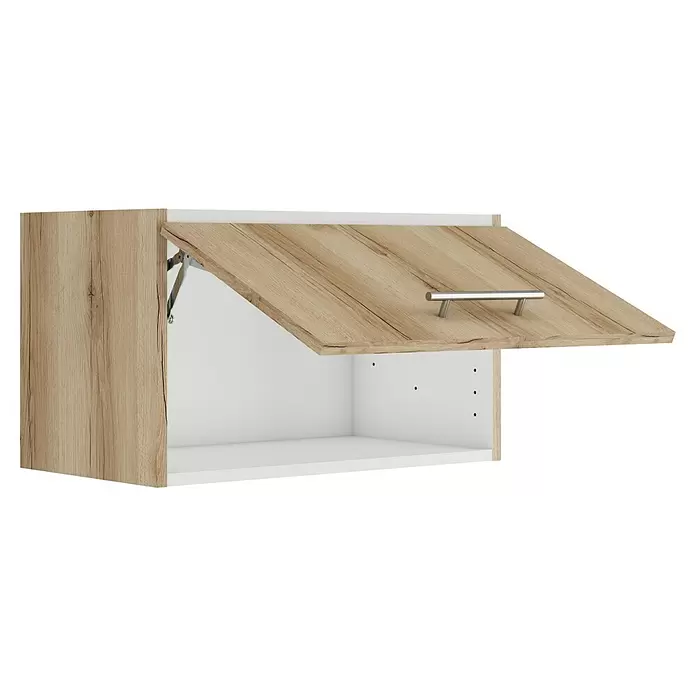 Optifit Livorno290 Hängeschrank - 34,6 x 60 x 35,2 cm, Wildeiche Nachbildung - Offener Oberschrank mit heller Holzmaserungstür nach oben geklappt, weißem Innenraum und silbernem Griff.