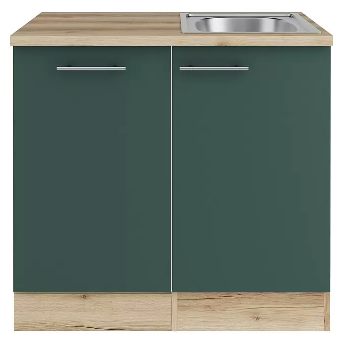 Optifit Savona405 Spülenunterschrank - 60 x 90 x 84,8 cm, Steingrün, Mit Blende 45 cm für vollintegrierten Geschirrspüler - Küchenunterschrank mit Holzarbeitsplatte und Spüle, zwei dunkelgrünen Türen mit Chromgriffen und einer Holzfußleiste.
