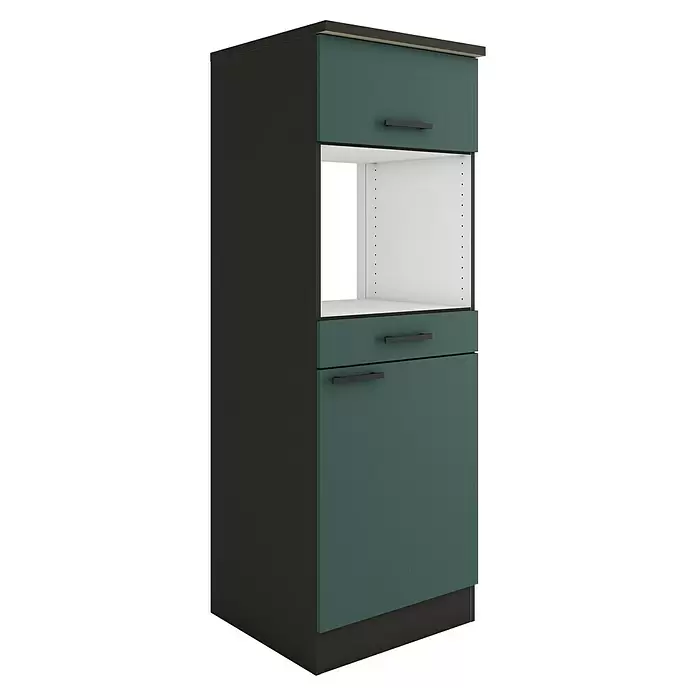Optifit Verona405 Midischrank - 60 x 60 x 174,4 cm, Steingrün, Für Mikrowelle mit 1 Klappe, 1 Schubkasten und 1 Tür - Hoher Küchenschrank in Dunkelgrau und Dunkeltürkis mit schwarzen Griffen, Appliance-Fach und Stauraum.