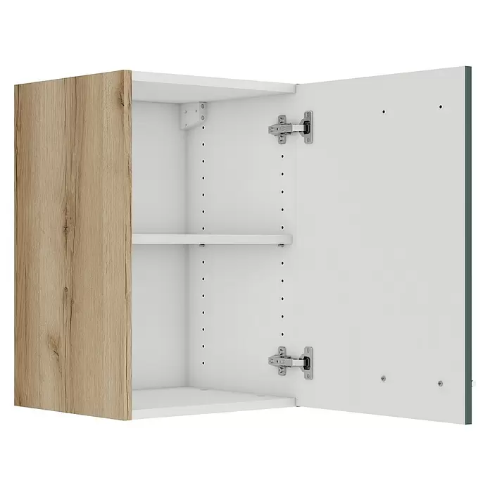 Optifit Savona405 Hängeschrank - 34,6 x 40 x 57,6 cm, Steingrün - Offener Hängeschrank mit heller Holztür, weißem Innenraum, verstellbarem Regal und Scharnieren.