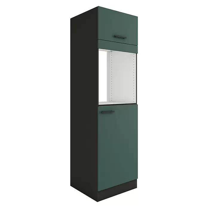 Optifit Verona405 Geräteumbauschrank - 60 x 60 x 206,8 cm, Steingrün, Mit 1 Klappe und 2 Türen für Backofen und Kühlschrank 88 cm - Dunkelgrauer und petrolfarbener Hochschrank mit Griffen und offenem Fach für Geräte.