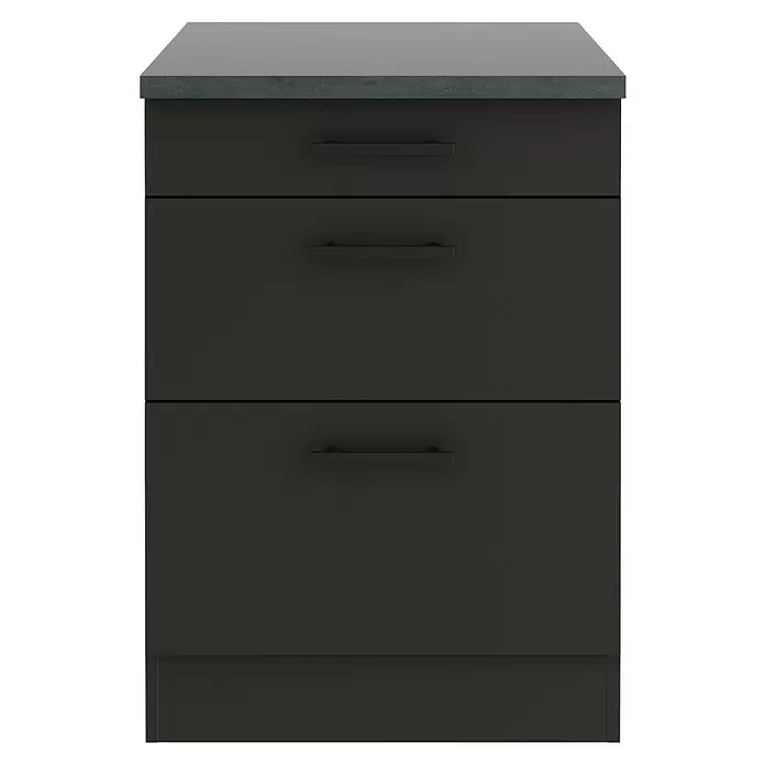 Optifit Madrid420 Unterschrank - 60 x 60 x 84,8 cm, Anthrazit Matt, M 1 Schubkasten und 2 Auszügen - Dunkelgrauer Schrank mit drei Schubladen, dunkler Arbeitsplatte und schwarzen Griffen.