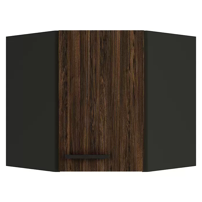 Optifit OPTIkult Küchen-Eck-Hängeschrank Rimini409 - 34,6 x 60 x 57,6 cm, Rillendekor Nussbaum - Eck-Wandschrank mit dunkelbrauner Holztür mit vertikalen Streifen und dunkelgrauen Seiten. Mit dezentem schwarzem Griff.