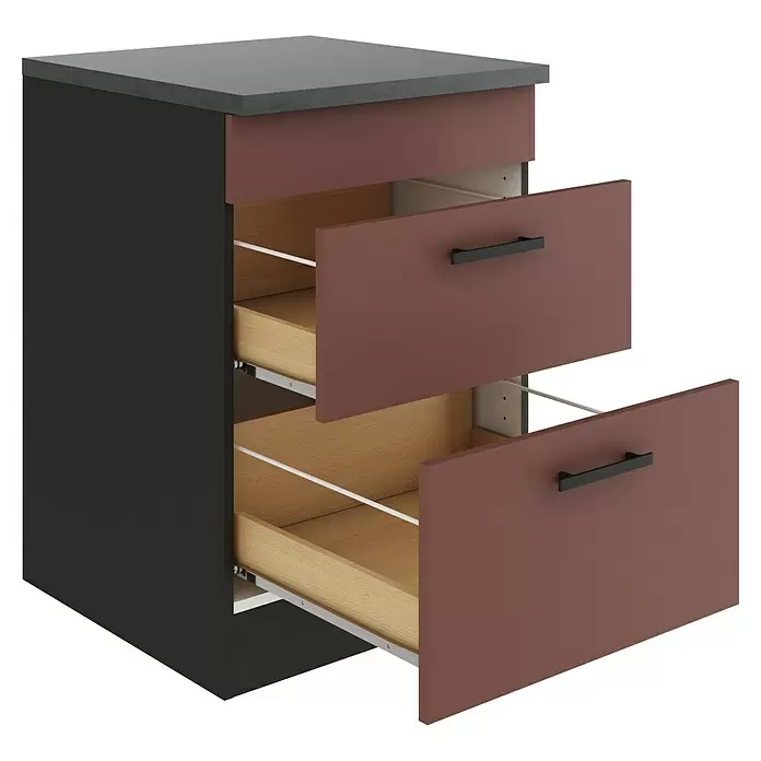 Optifit Nizza407 Unterschrank - 60 x 60 x 84,8 cm, Rostrot, Mit 1 Blende und 2 Auszügen - Dunkelgrauer und brauner zweischübiger Schrank mit offenen hellen Holzschubladen und schwarzen Griffen.