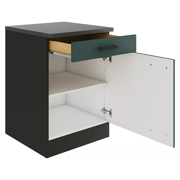 Optifit Verona405 Unterschrank - 60 x 60 x 84,8 cm, Steingrün, Mit 1 Schubkasten und 1 Tür - Dunkelgrauer Küchenunterschrank mit dunkelgrüner Schublade und offener Tür, mit weißen Innenböden.