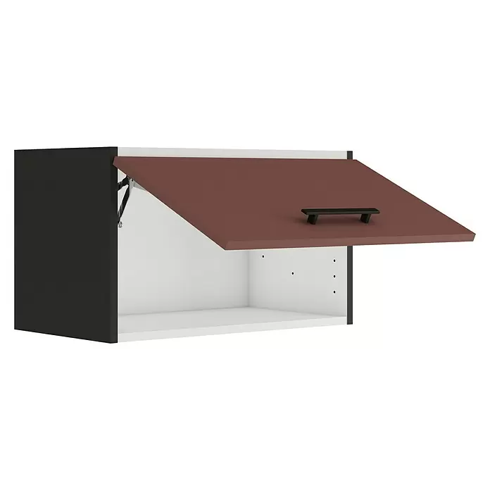 Optifit Nizza407 Küchen-Hängeschrank - 34,6 x 60 x 35,2 cm, Rostrot - Offener Küchenhängeschrank mit brauner Tür, schwarzem Griff und weißer Innenseite.