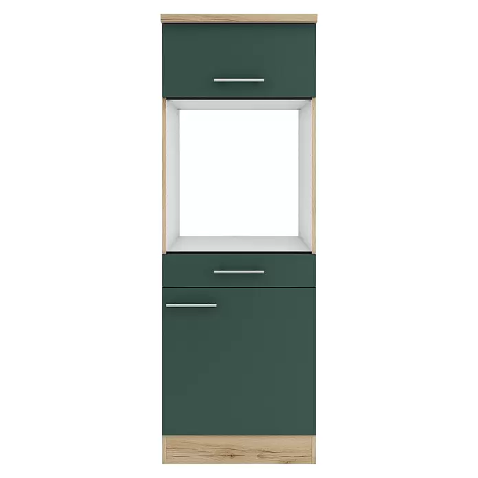 Optifit Savona405 Küchen-Midischrank - 60 x 60 x 174,4 cm, Steingrün, Für Backofen und Kühlschrank 88 cm mit 1 Tür und Arbeitsplatte - Dunkelgrüner Küchenschrank mit hellen Holzdetails, offener Ablage und drei Staufächern mit silbernen Griffen.