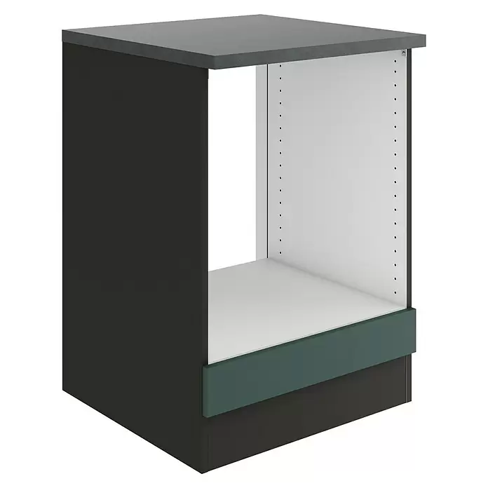 Optifit Verona405 Herdumbauschrank - 60 x 60 x 84,8 cm, Steingrün - Dunkelgrauer Unterschrank mit grauer Arbeitsplatte, weißem Innenraum und türkisfarbenem Sockel, für Geräte oder offene Lagerung.