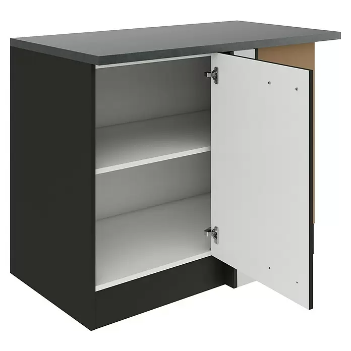 Optifit Madrid420 Eck-Unterschrank für Eck Typ 2 - 60 x 110 x 84,8 cm, Anthrazit Matt - Dunkelgrauer Küchenunterschrank mit weißer Innenausstattung, zwei Regalböden und offener Tür, mit dunkelgrauer Arbeitsplatte.