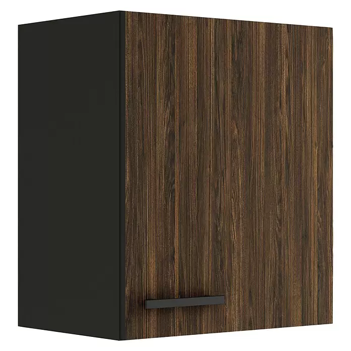 Optifit OPTIkult Hängeschrank Rimini409 - 34,6 x 50 x 57,6 cm, Rillendekor Nussbaum - Wandschrank mit dunkler Holztür mit vertikaler Maserung und schwarzen Seiten, mit schwarzem Stangengriff.