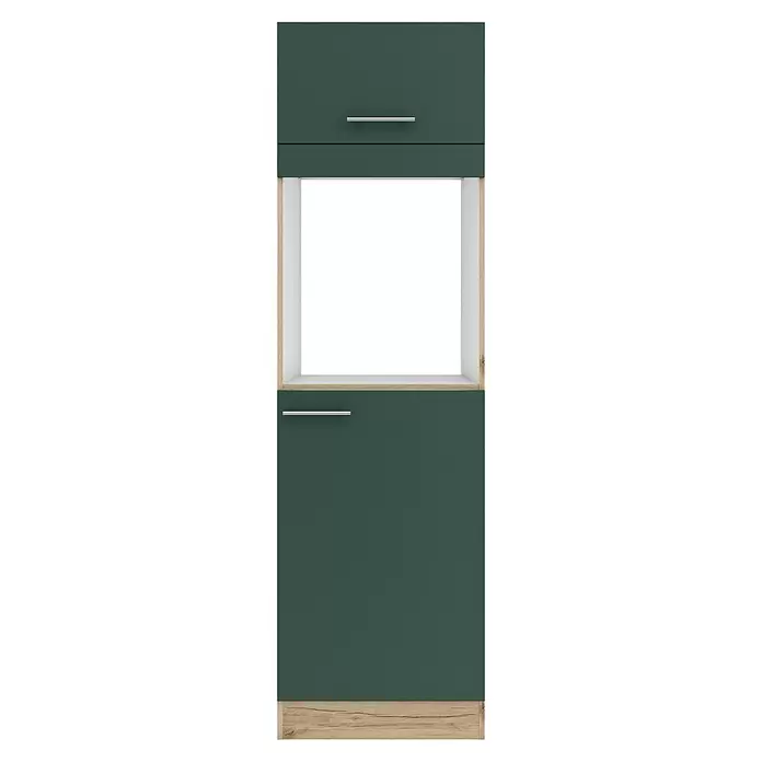 Optifit Savona405 Geräteumbauschrank - 60 x 60 x 206,8 cm, Steingrün, Mit 1 Klappe und 2 Türen für Backofen und Kühlschrank 88 cm - Dunkelgrüner und heller Holzschrank mit offenem Fach und zwei Schubladen/Türen.