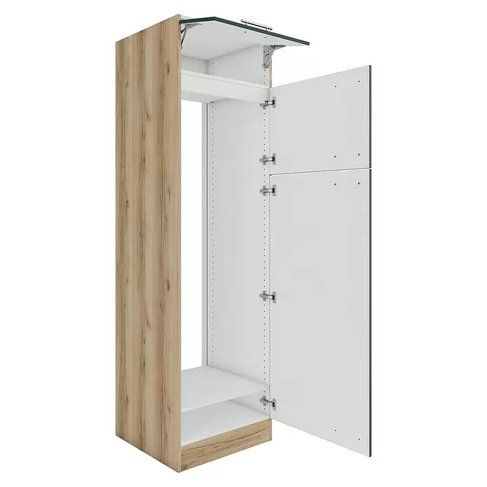 Optifit Savona405 Geräteumbauschrank - 60 x 60 x 206,8 cm, Steingrün, M 1 Klappe und 2 Türen mit Nische für Kühlschrank 144 cm - Offener Kleiderschrank mit heller Holzseitenwand, weißem Innenraum und offenen Türen mit Scharnieren.