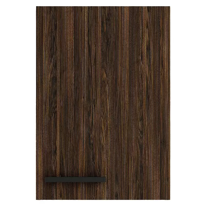 Optifit OPTIkult Hängeschrank Rimini409 - 34,6 x 40 x 57,6 cm, Rillendekor Nussbaum - Dunkelbraune Holzplatte mit vertikaler Maserung und einem schwarzen horizontalen Griff.