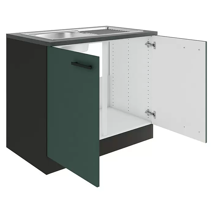 Optifit Verona405 Spülenunterschrank - 60 x 100 x 84,8 cm, Steingrün - Spülenschrank mit Edelstahlspüle, dunkelgrauer Arbeitsplatte, offener dunkelgrüner Tür und weißem Innenraum.