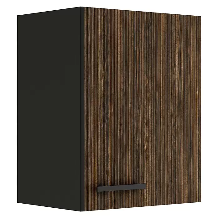Optifit OPTIkult Hängeschrank Rimini409 - 34,6 x 45 x 57,6 cm, Rillendekor Nussbaum - Dunkler Wandschrank mit Holzmaserung, schwarzen Seiten und schwarzem Griff.