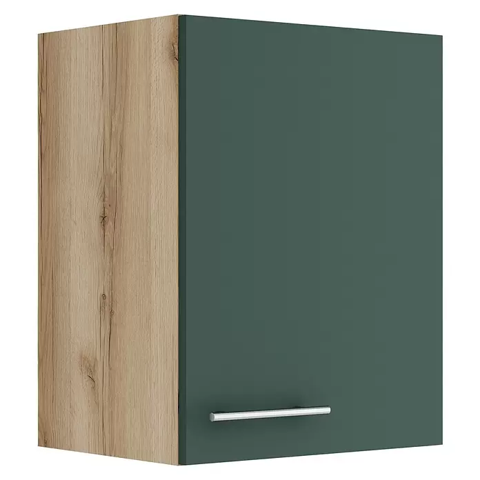 Optifit Savona405 Hängeschrank - 34,6 x 45 x 57,6 cm, Steingrün - Hängeschrank mit Holzoptik-Seite und dunkelgrüner Tür mit silbernem Griff.